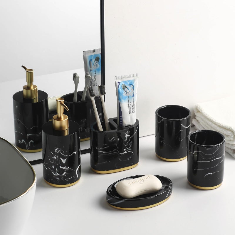 Jung Ford 5-Piece Bathroom Counter Top Accessory Set - Dispenser for Liquid Soap or Lotion, Soap Dish, Toothbrush Holder and 2 Tumblers, Gold Base, Marble Pattern Resin (Black) - Image 2